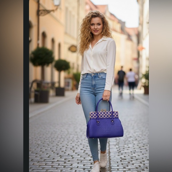 Elegant Purple Handbag with Gold Accents 15 inches wide by 13 inches high. NICE. - Picture 4 of 5